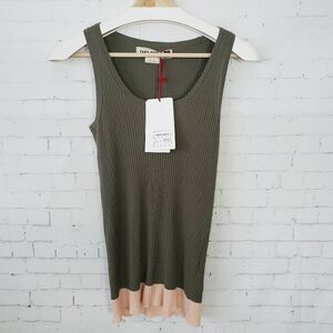 ZARA SRPLS Tank Top Size S Olive Green Pink Trim Ribbed Knit NEW Scoop Neck